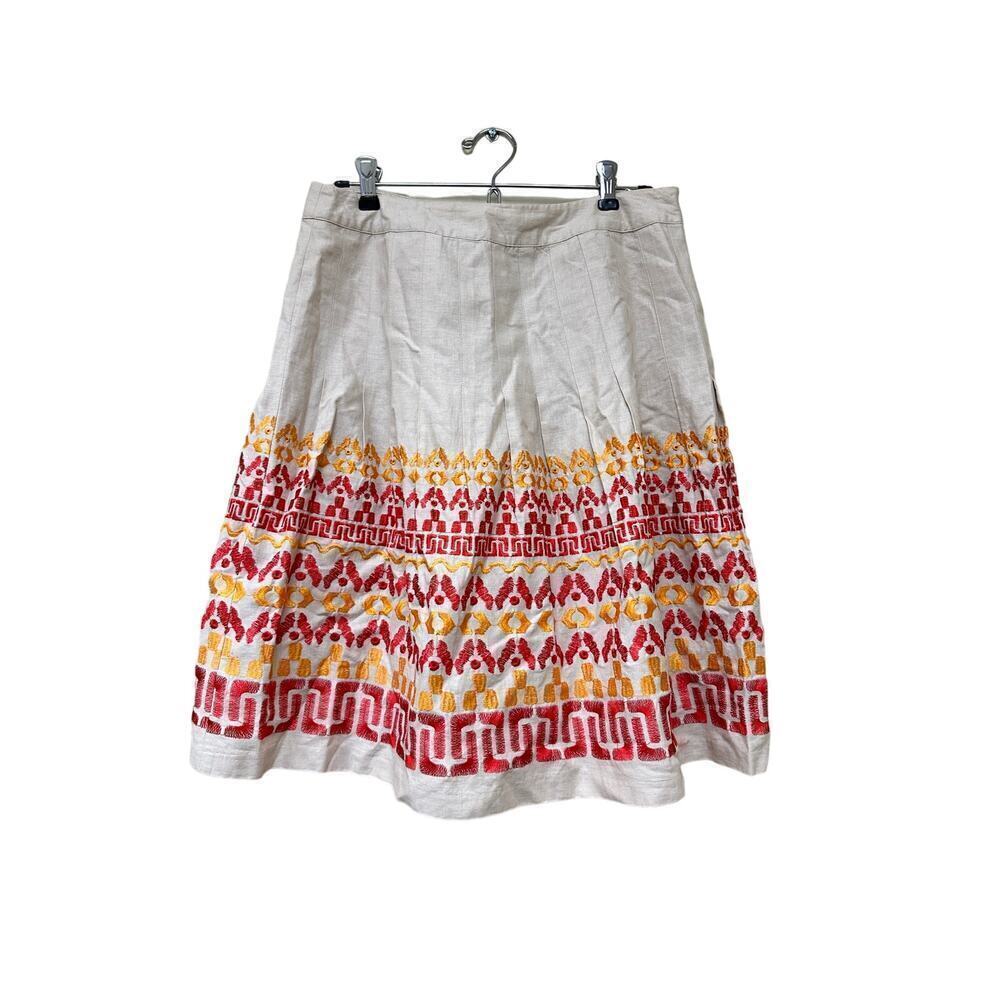 Peter Nygard Petites 8 Embroidered Pleated Mini A Line Skirt Khaki Boho